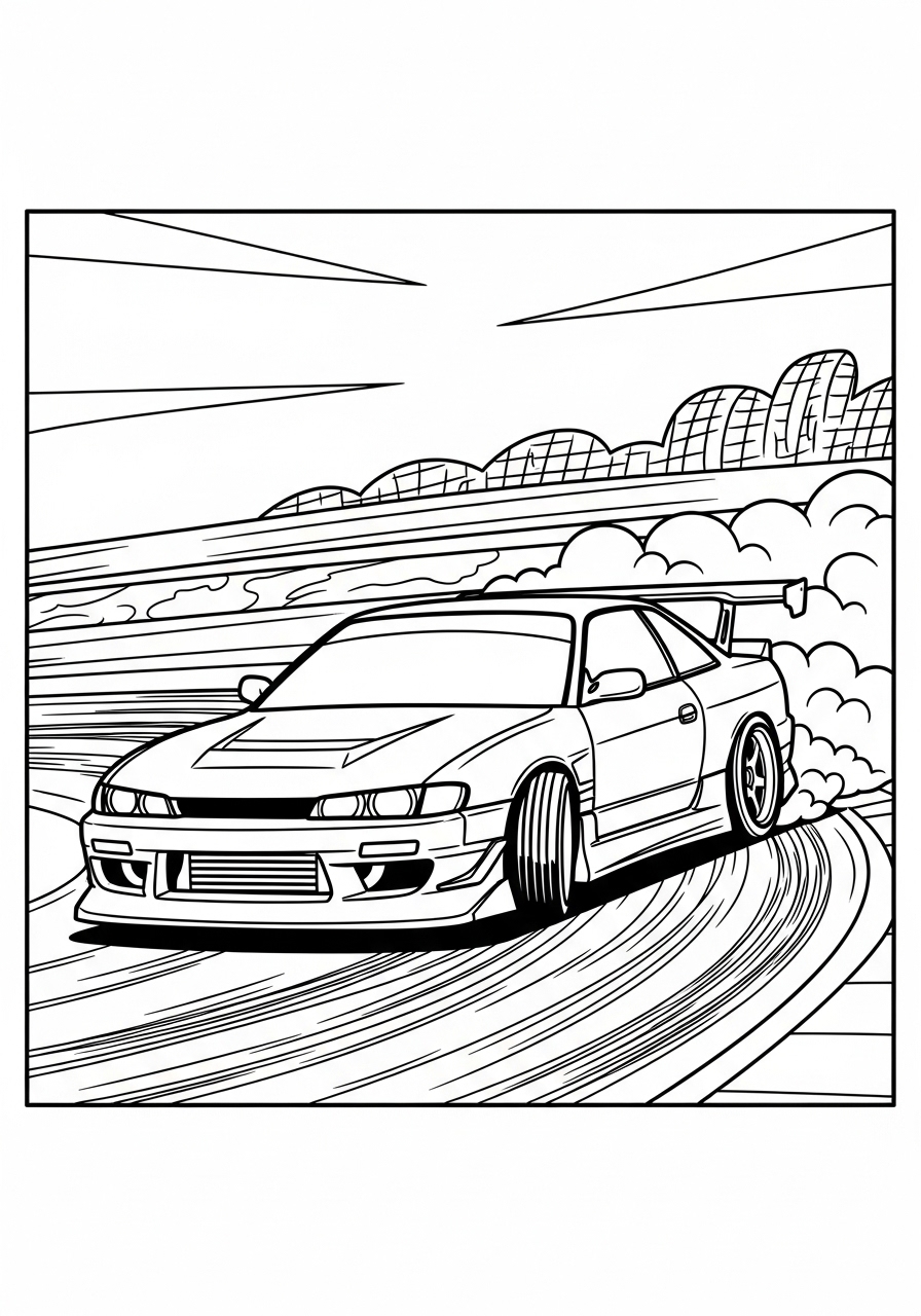 Desenho de Carro de Corrida Drift na pista para colorir