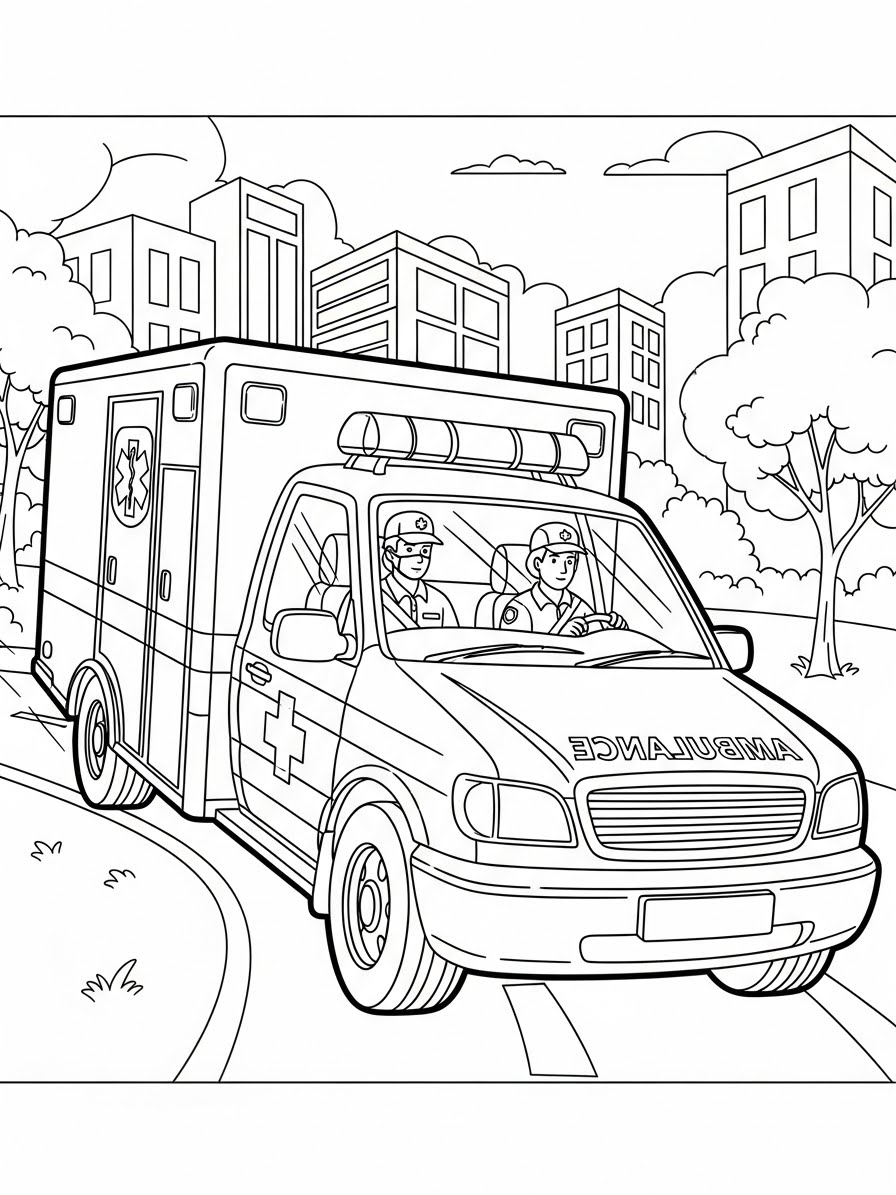 Desenho de Carro com uma Ambulância para colorir