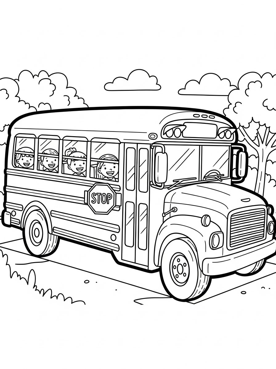 Desenho de Carro ônibus escolar com crianças para colorir