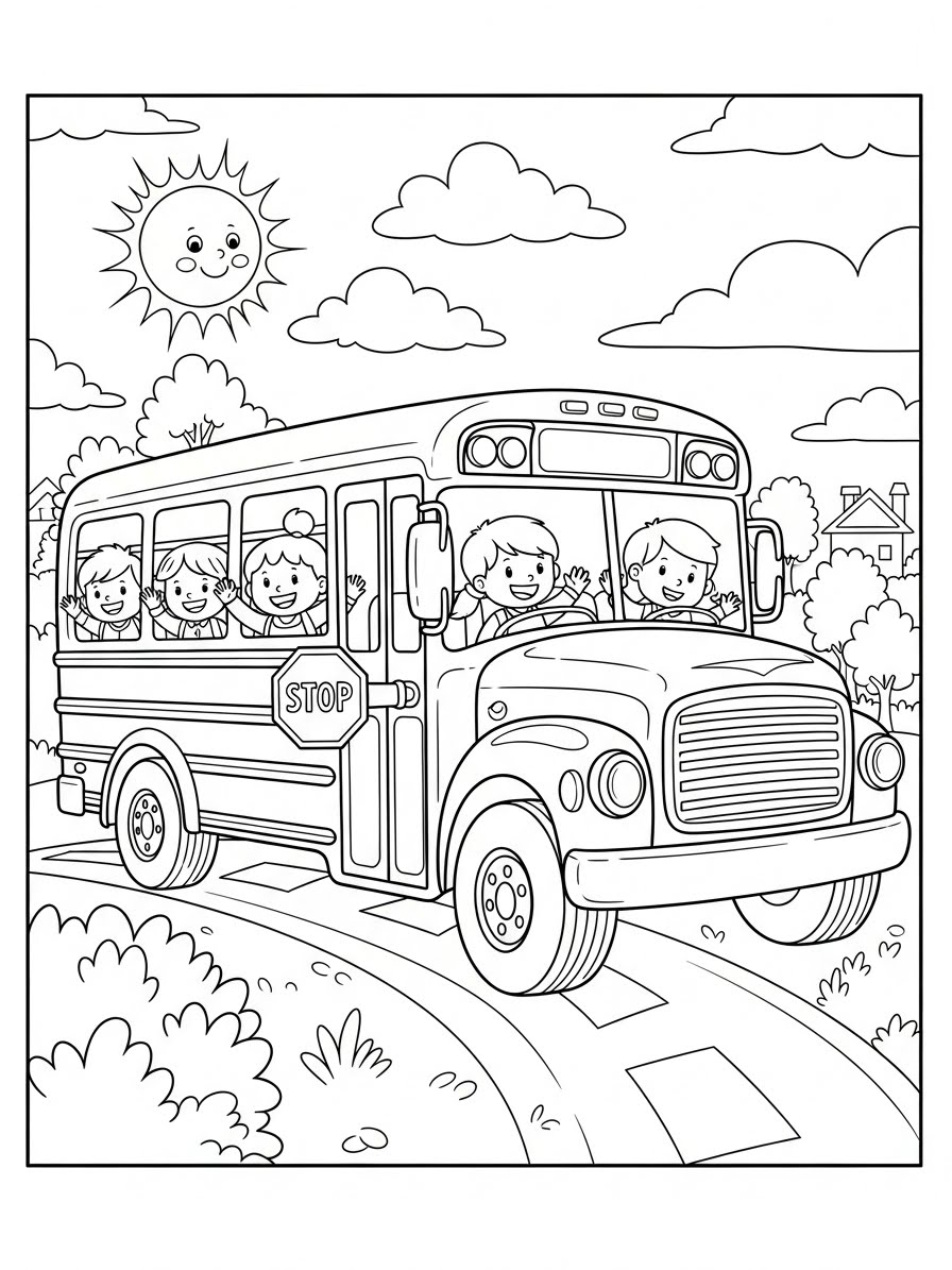 Desenho de Carro com um ônibus escolar para colorir