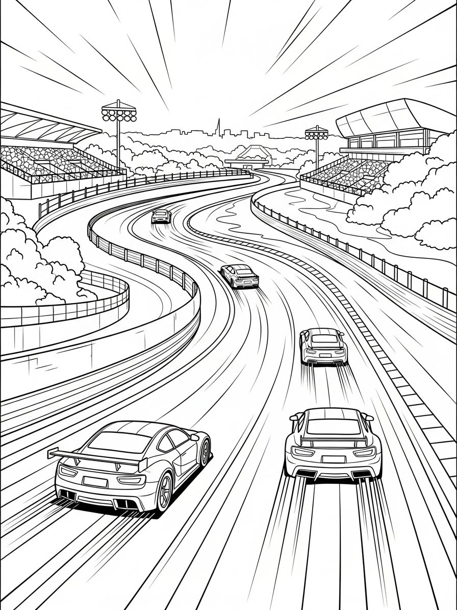 Desenho de Carro em uma pista de corrida para colorir