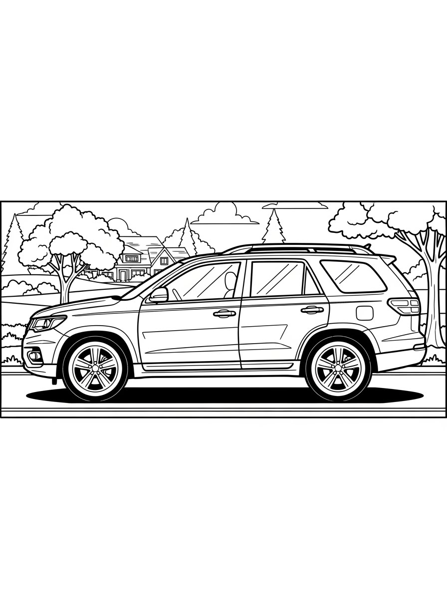 Desenho de Carro SUV com fundo de árvores para colorir