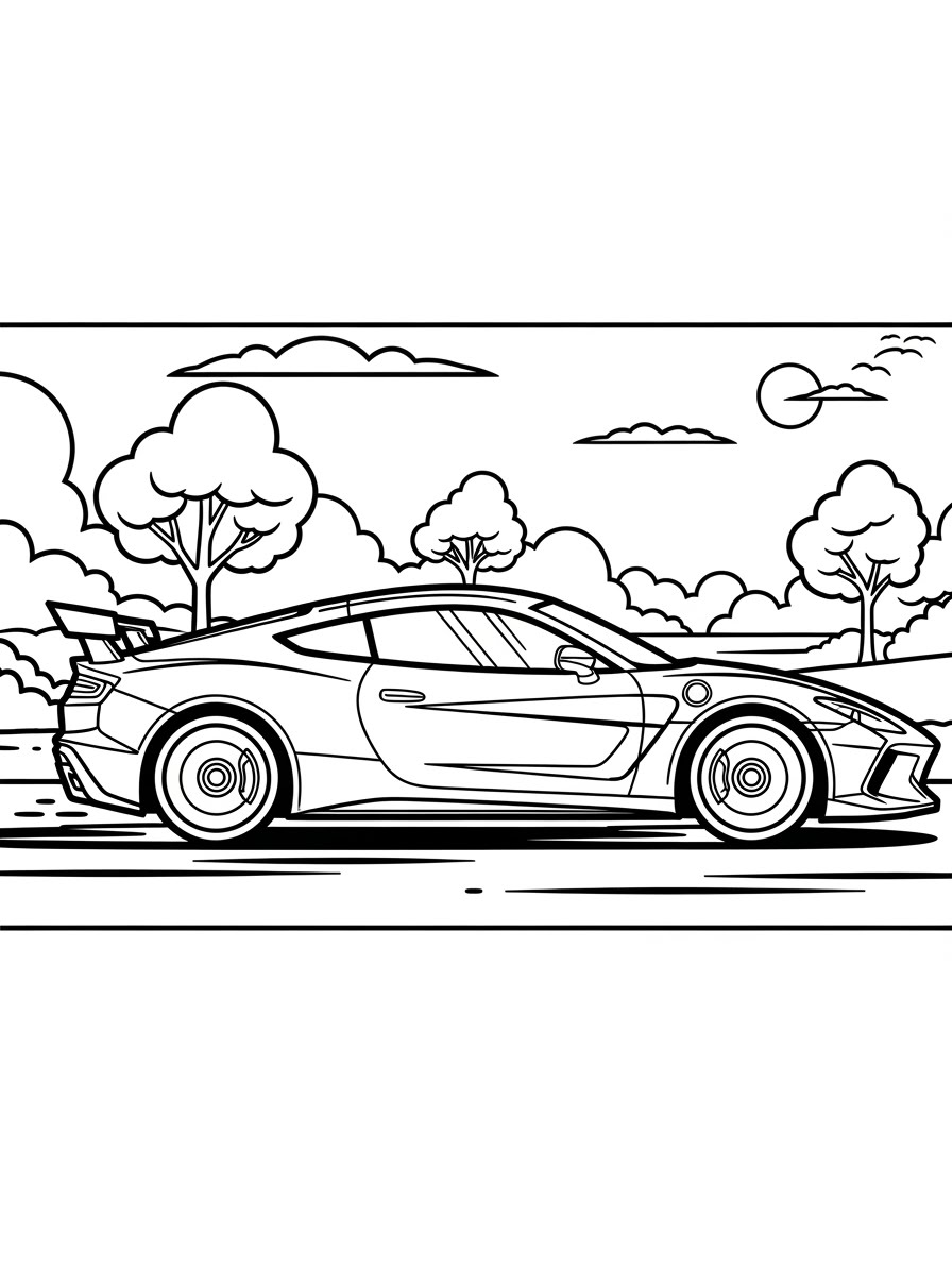 Desenho de Carro Esportivo com fundo de árvores para colorir