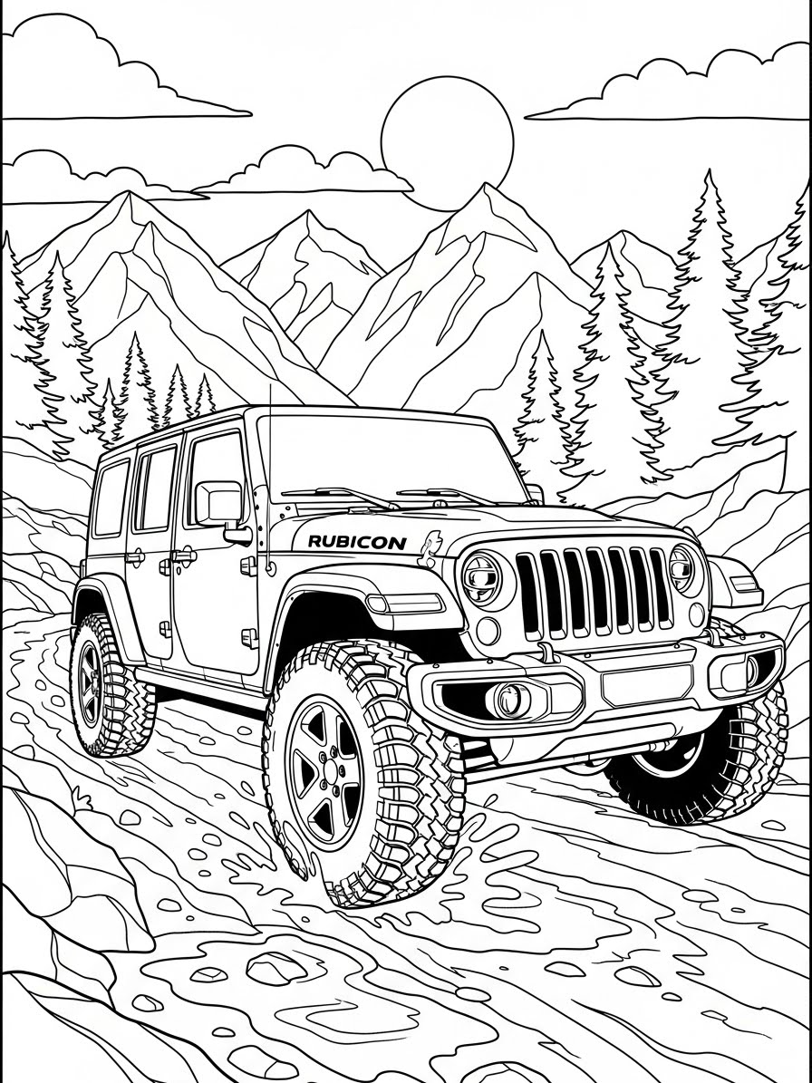 Desenho de Carro Rubicon em estrada para colorir