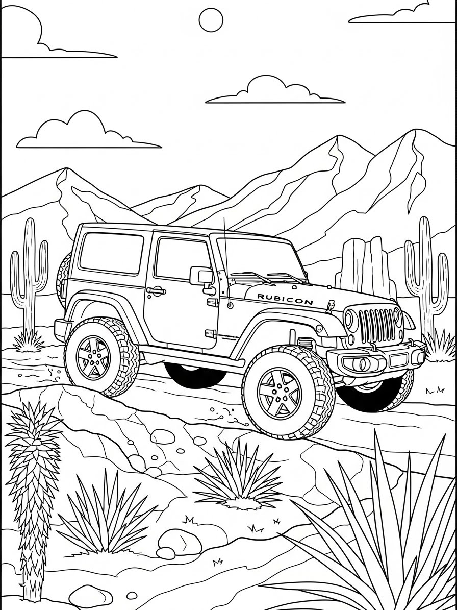 Desenho de Carro Rubicon em meio a montanhas para colorir
