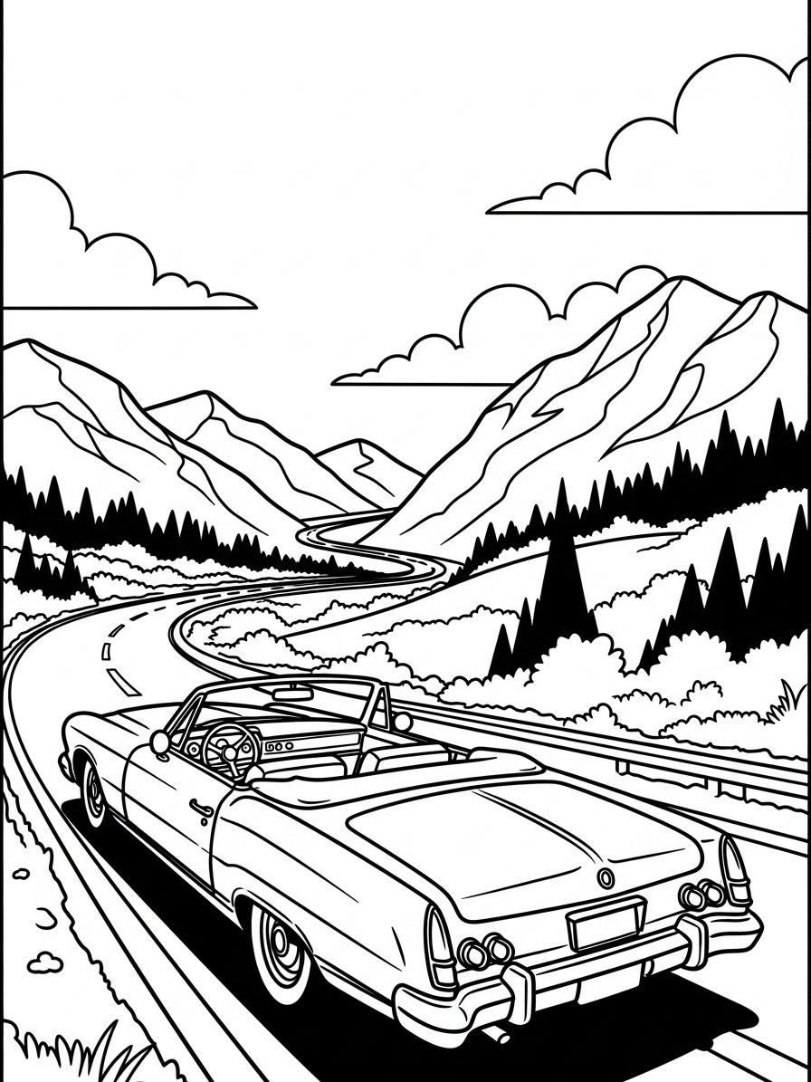 Desenho de Carro conversível em estrada com montanhas para colorir