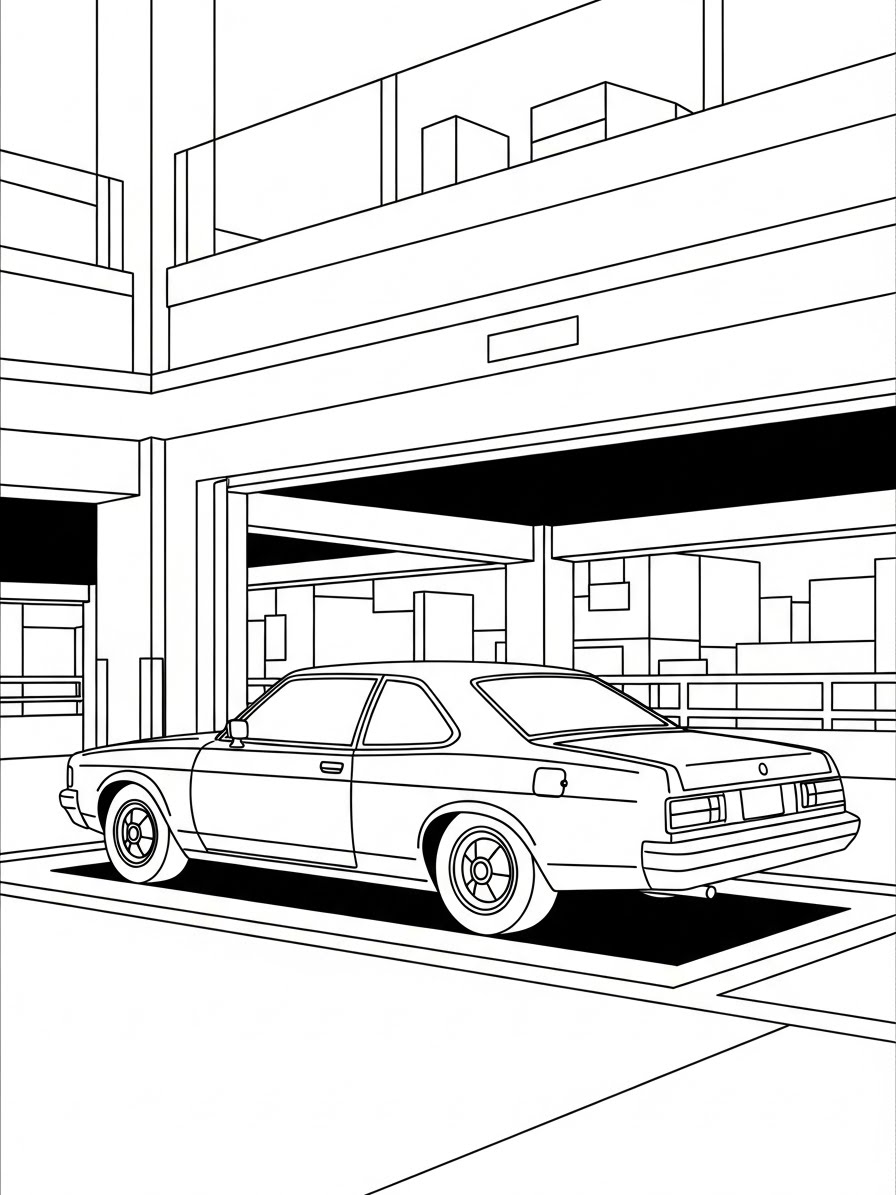 Desenho de Carro estacionado em uma garagem para colorir
