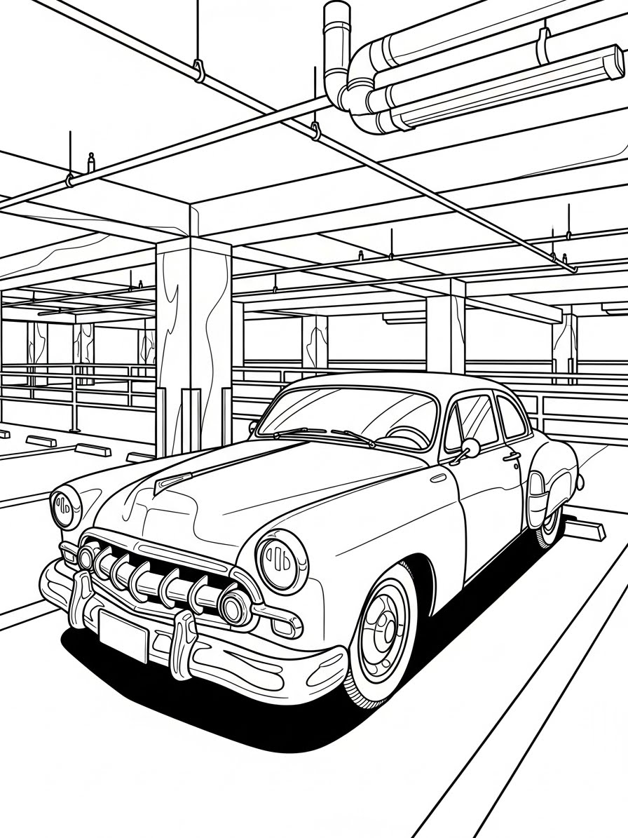 Desenho de Carro clássico estacionado em um estacionamento