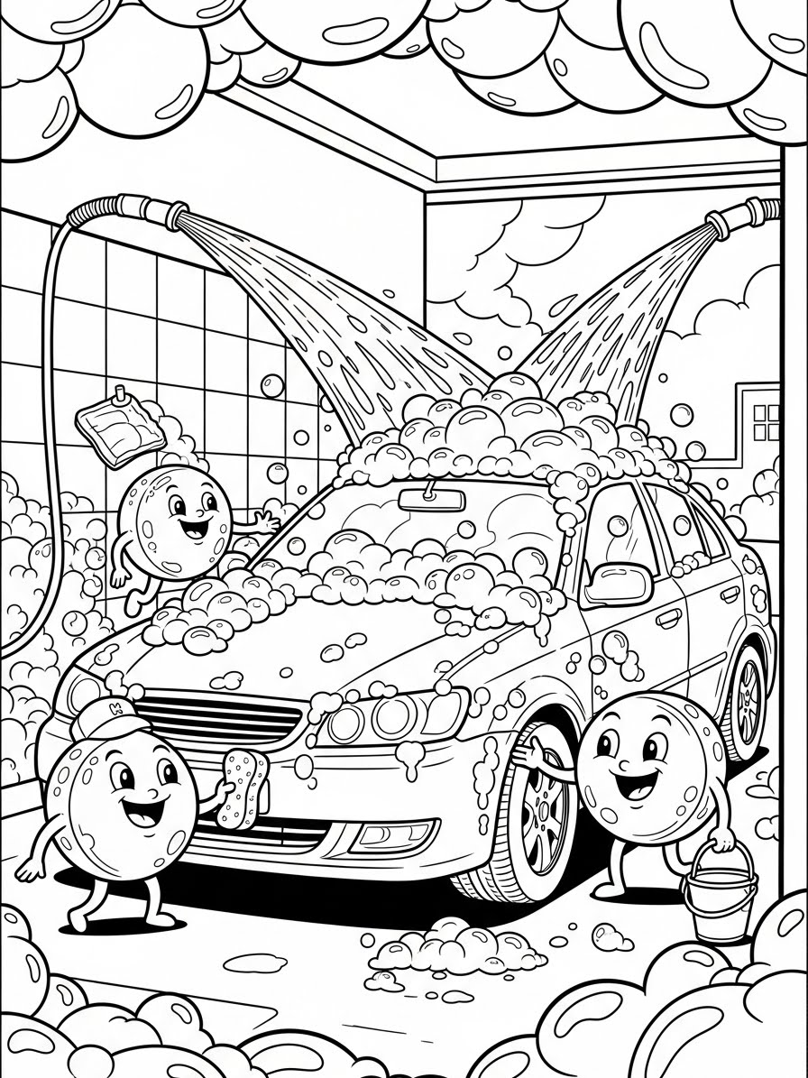 Desenho de Carro sendo lavado com espuma para colorir