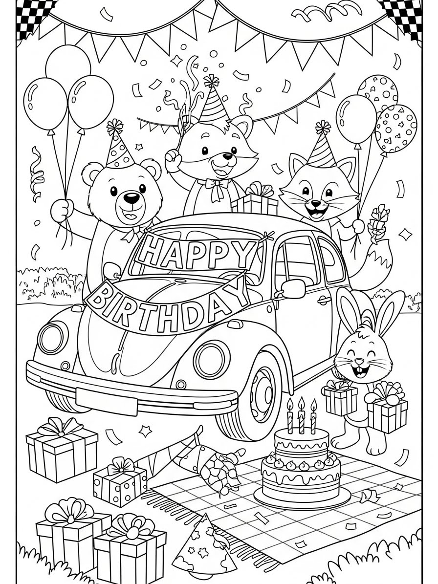 Desenho de Carro com animais em festa de aniversário para colorir
