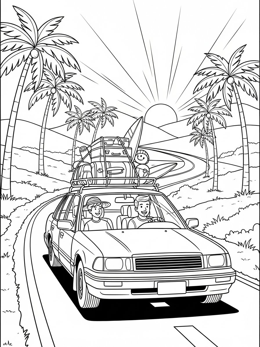 Desenho de Carro com surfistas para colorir