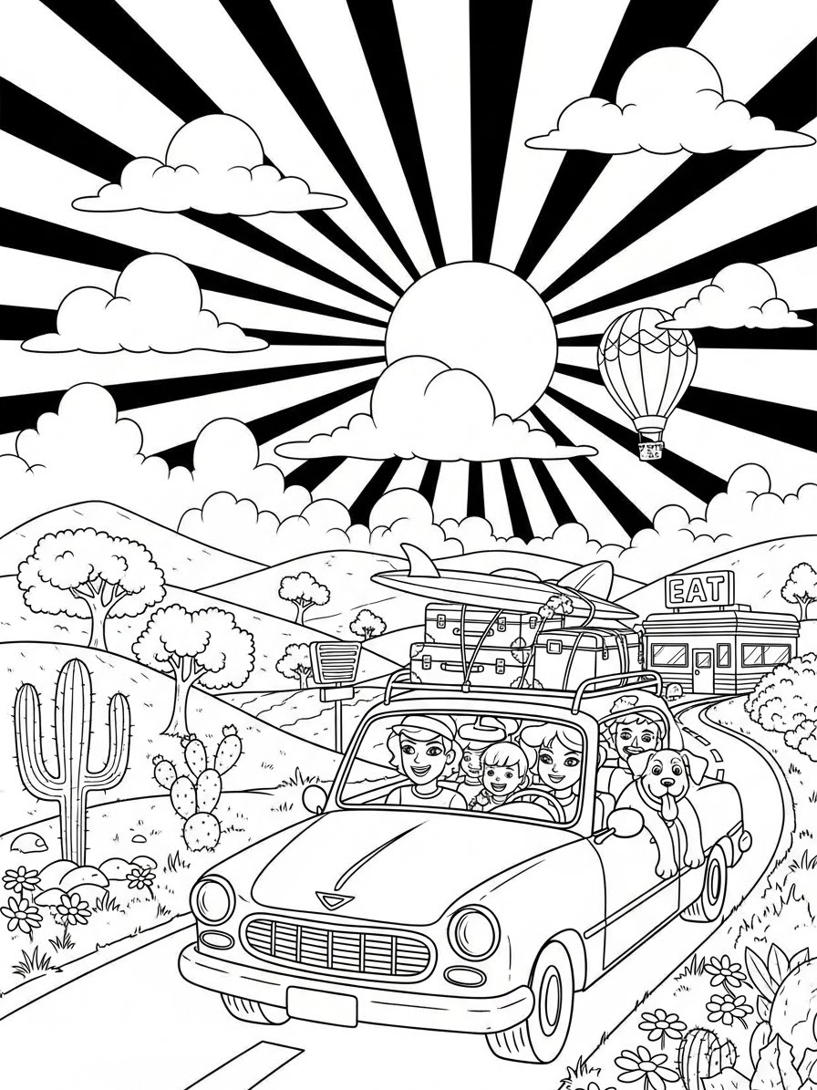 Desenho de Carro com pessoas e paisagem para colorir