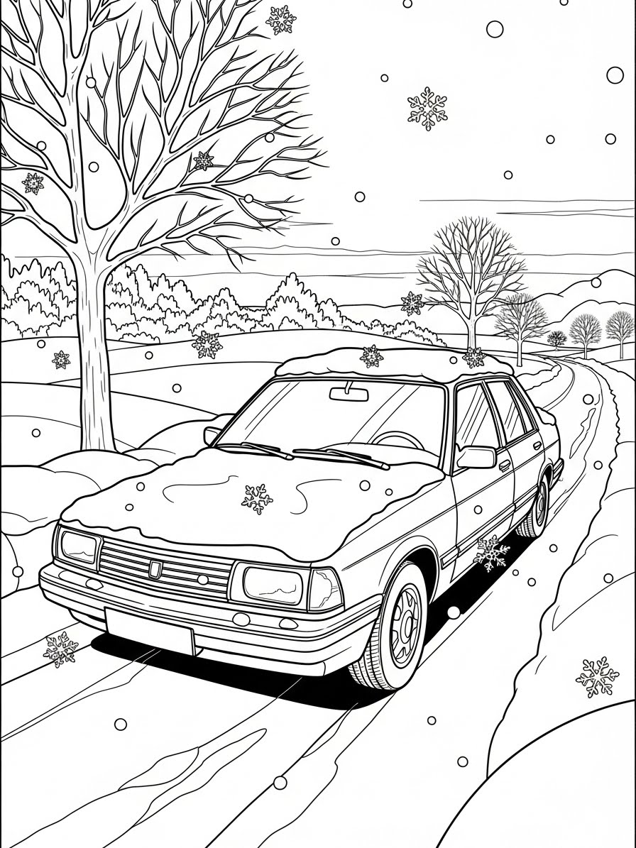 Desenho de Carro em um dia de neve para colorir