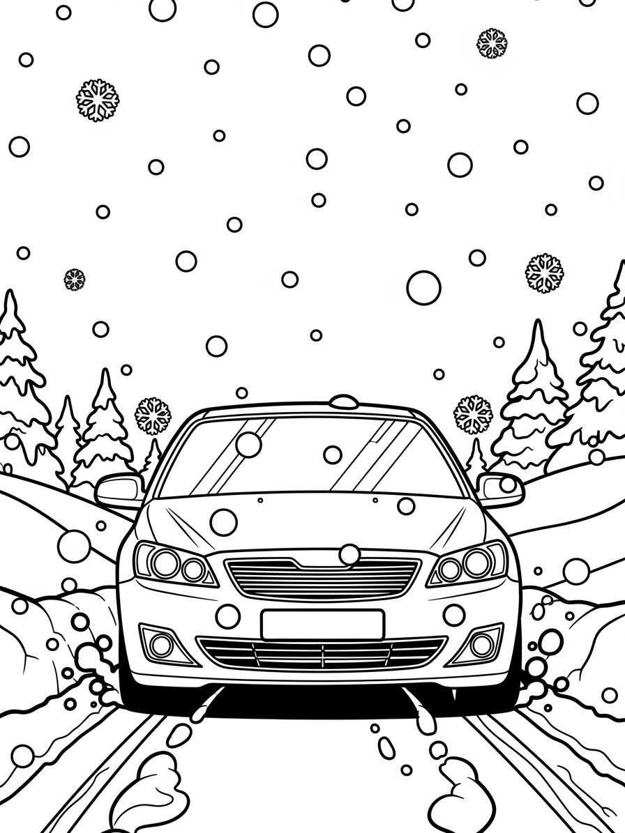 Desenho de Carro em cenário de neve para colorir