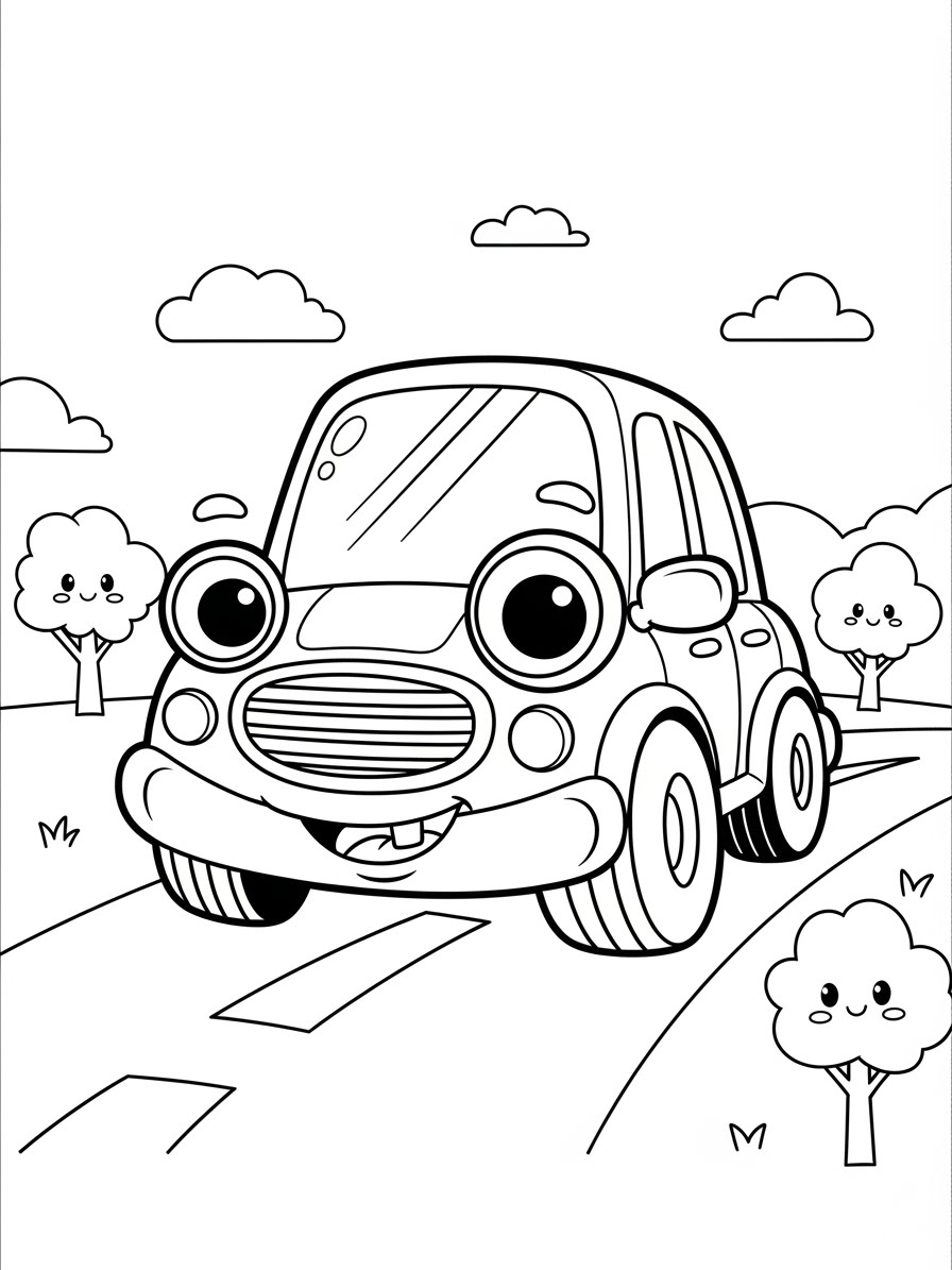 Desenho de Carro Fofinho com árvores para colorir