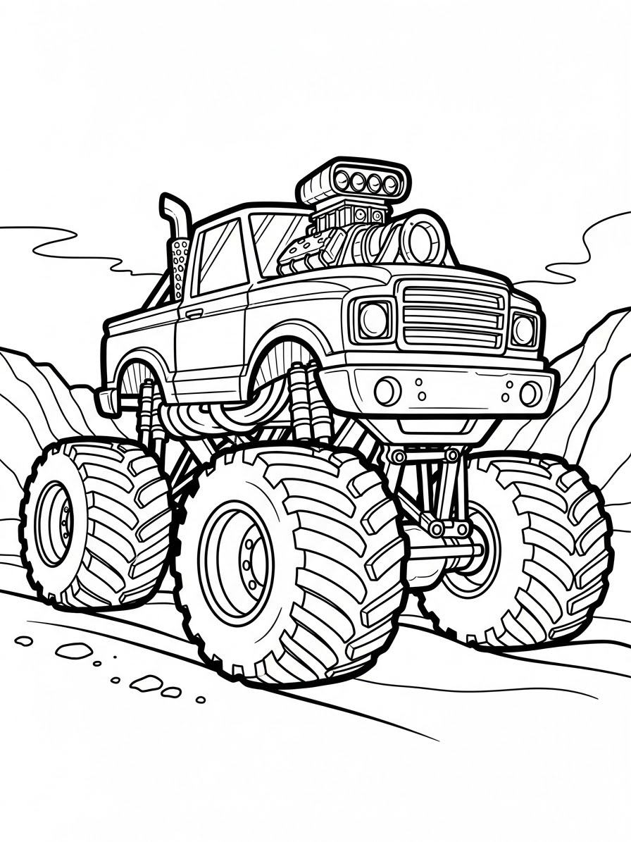 Desenho de Carro Monstro com pneus grandes para colorir