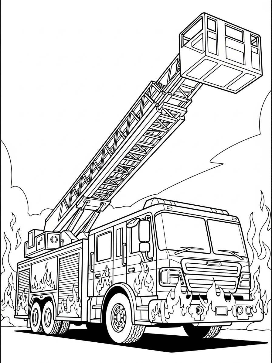 Desenho de Carro Bombeiro com escada para colorir