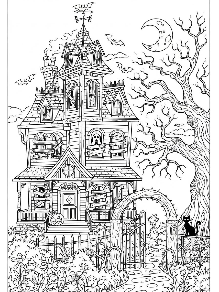 Desenho de Casa Assombrada com gato e árvores para colorir