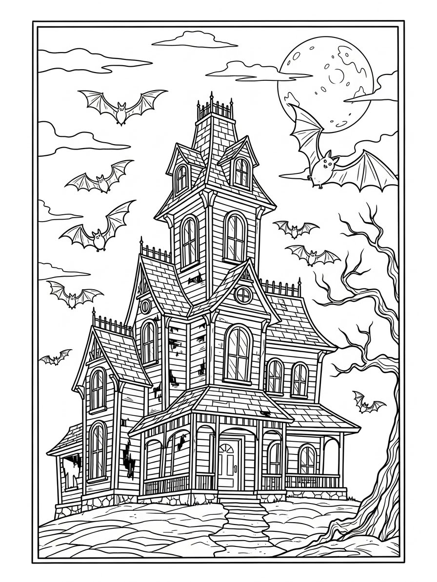 Desenho de Casa Assombrada com morcegos para colorir