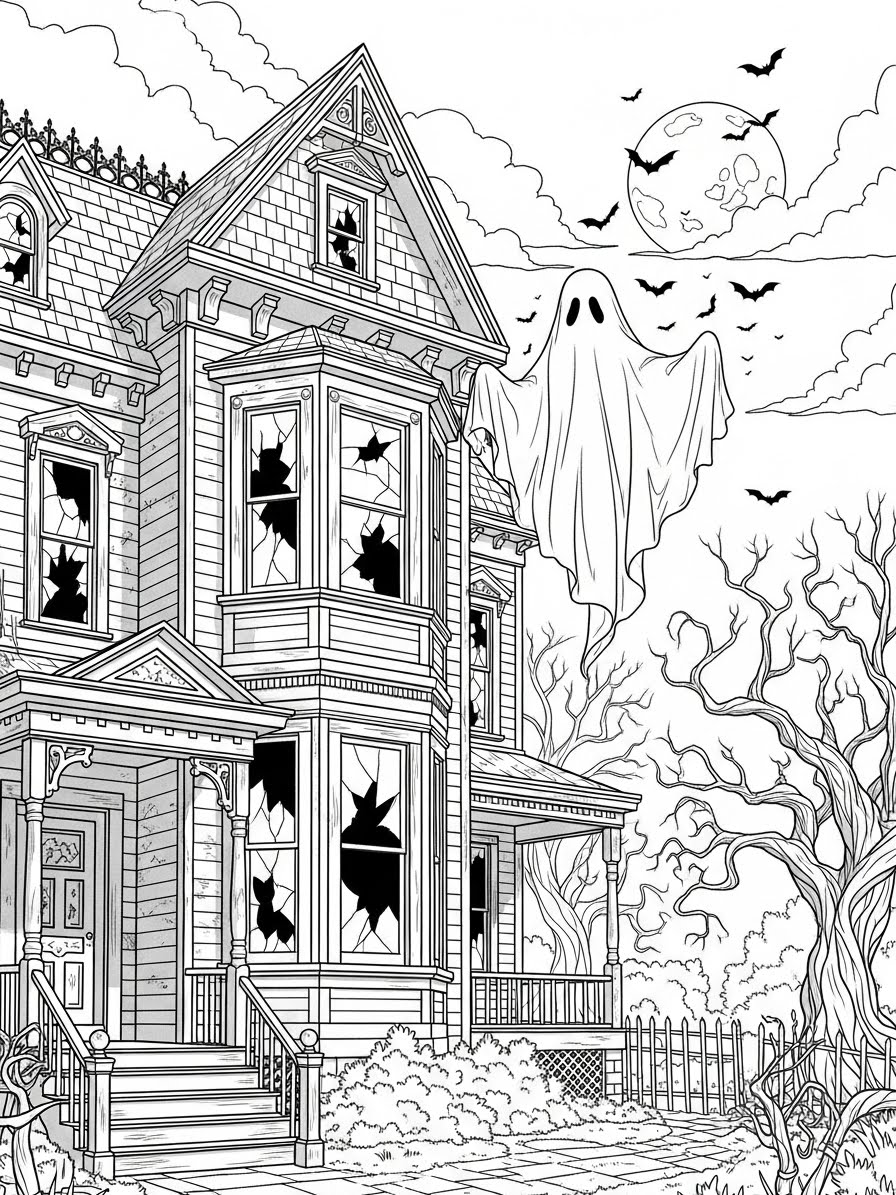 Desenho de Casa Assombrada com fantasma para colorir