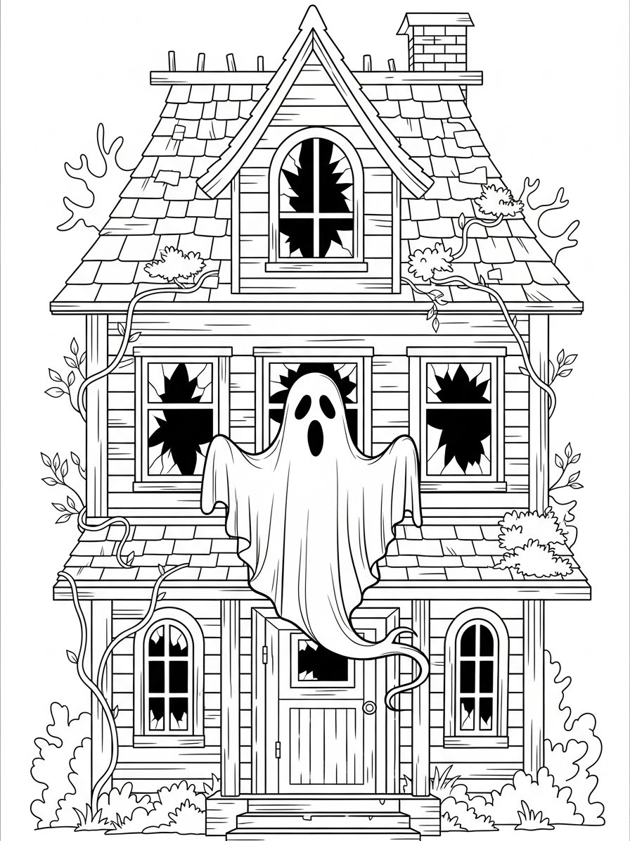 Desenho de Casa Assombrada com fantasma para colorir