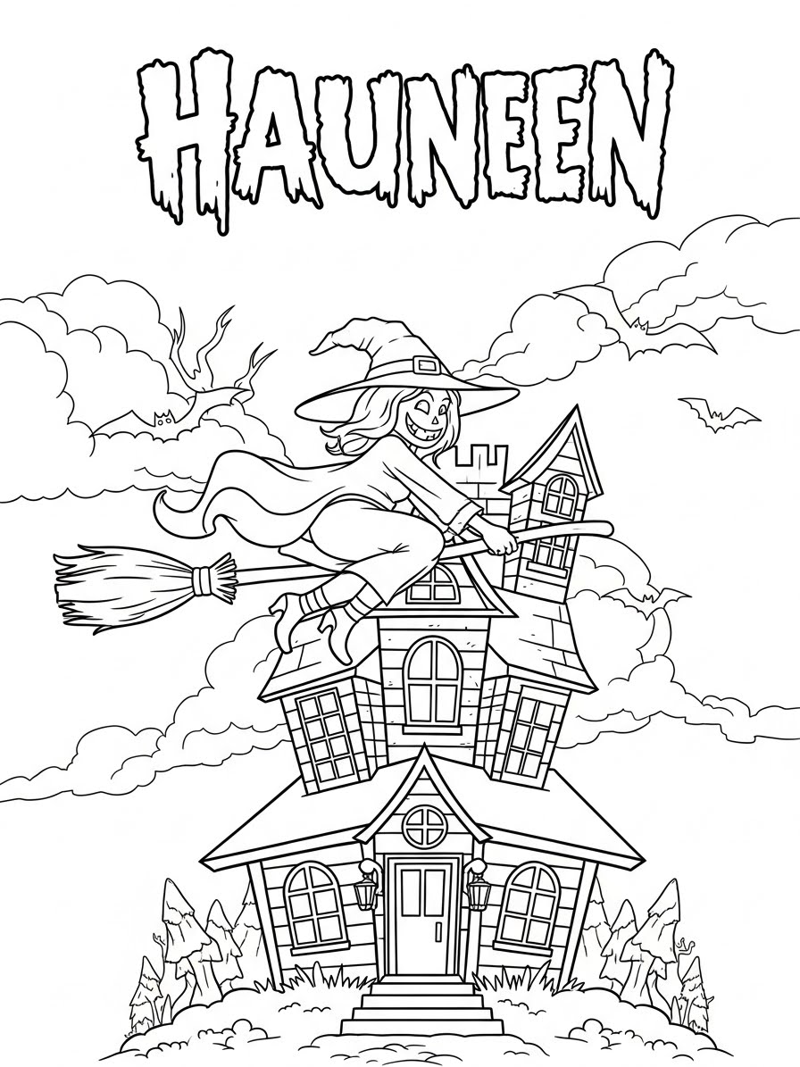 Desenho de Casa Assombrada com bruxa e morcegos para colorir