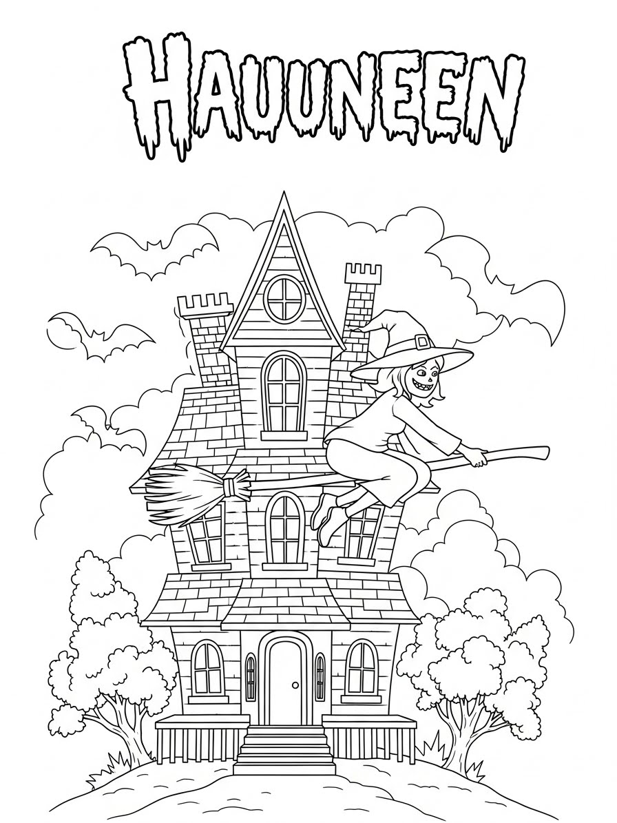 Desenho de Casa Assombrada com bruxa para colorir