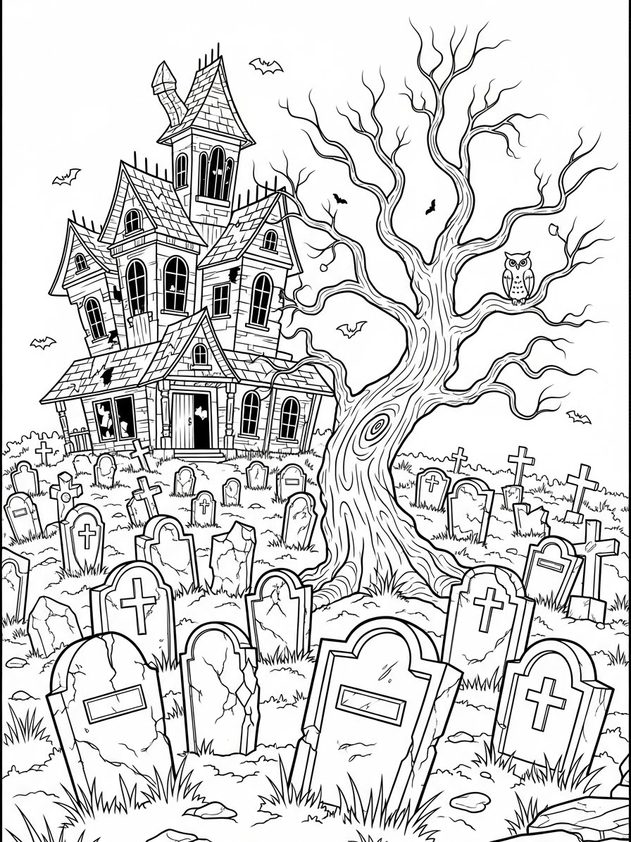 Desenho de Casa Assombrada com árvores e lápides para colorir