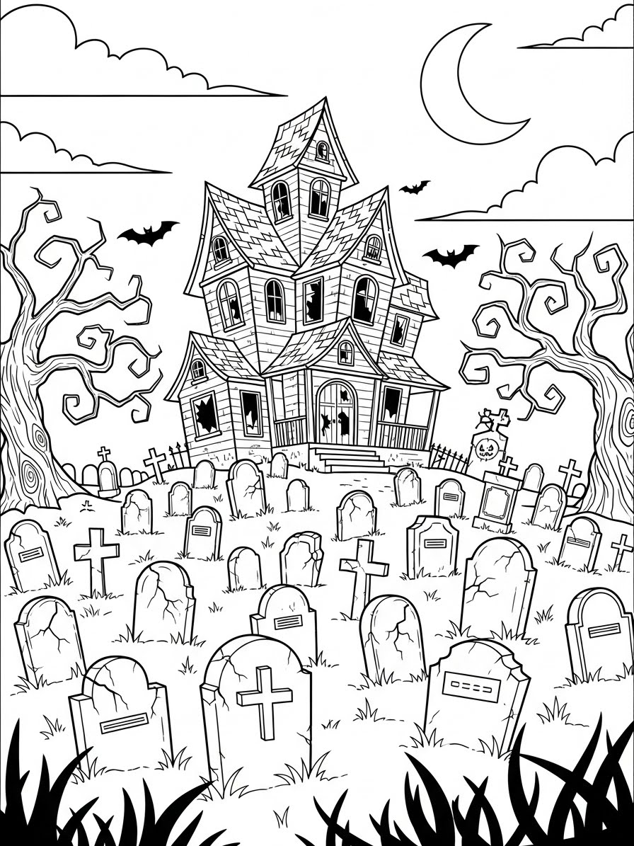 Desenho de Casa Assombrada com tumbas e morcegos para colorir