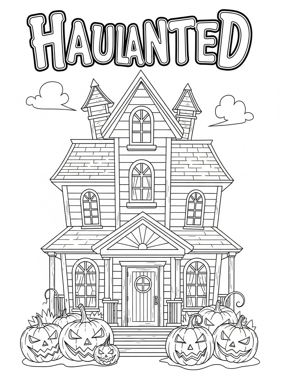 Desenho de Casa Assombrada com abóboras para colorir