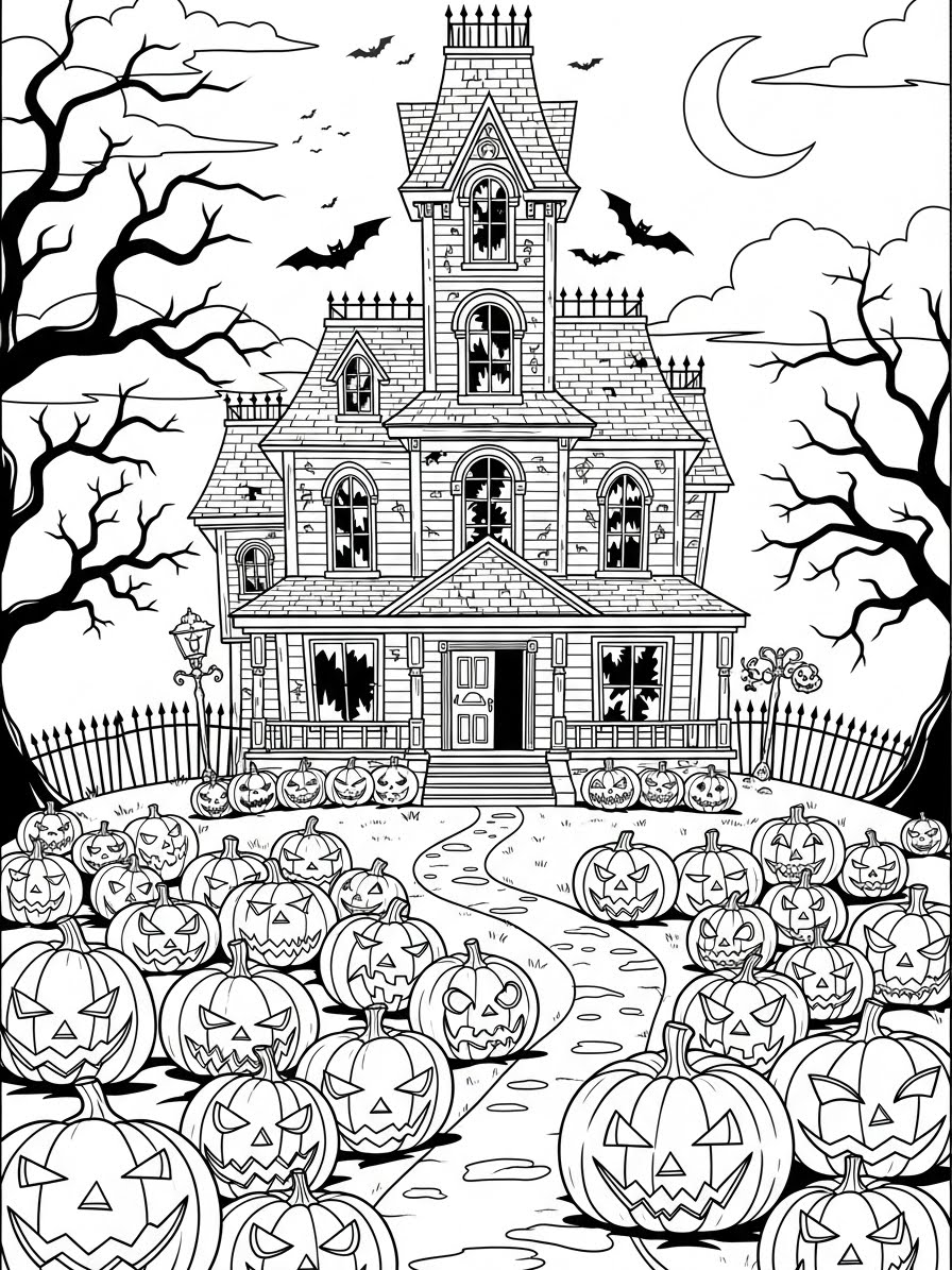 Desenho de Casa Assombrada com abóboras para colorir