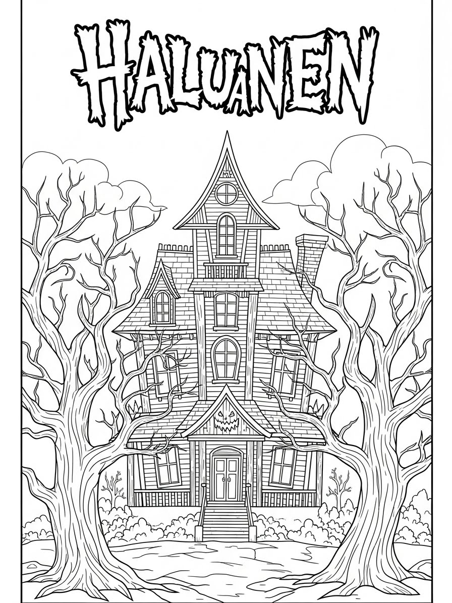 Desenho de Casa Assombrada com árvores para colorir