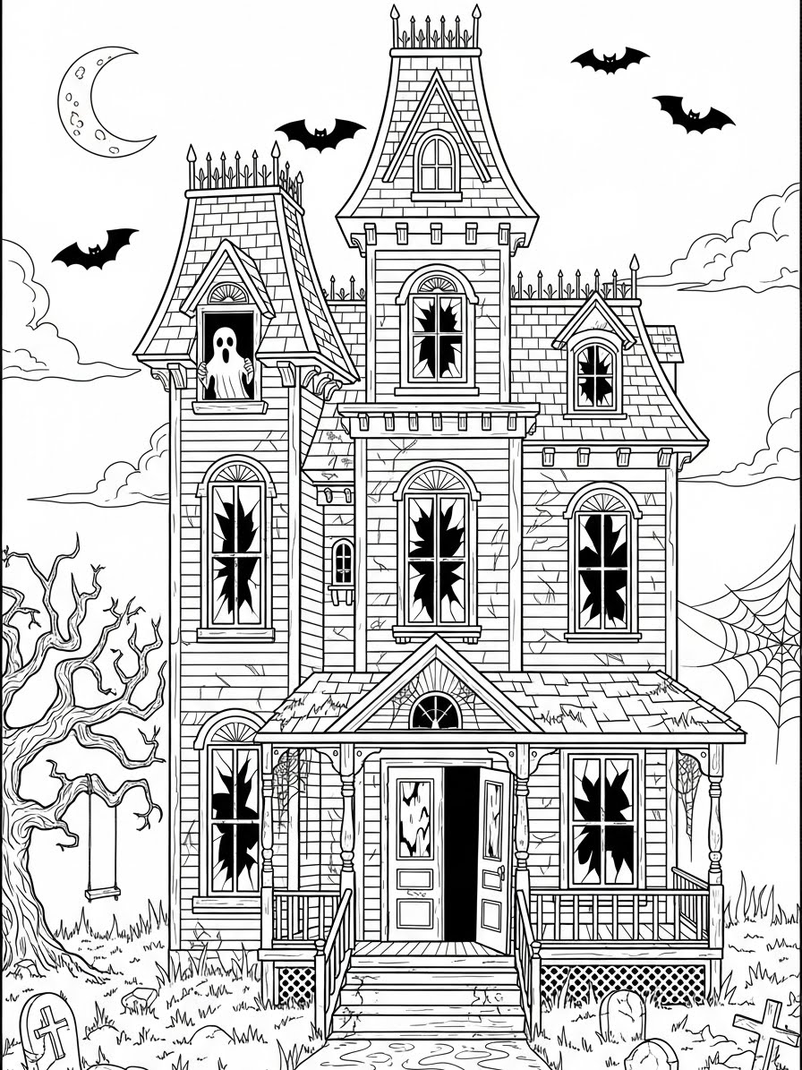 Desenho de Casa Assombrada com fantasmas e morcegos para colorir