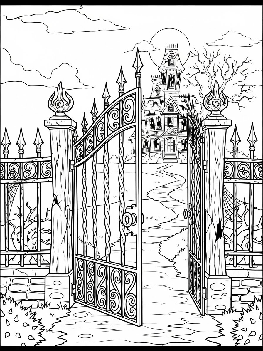 Desenho de Casa Assombrada com portão aberto para colorir