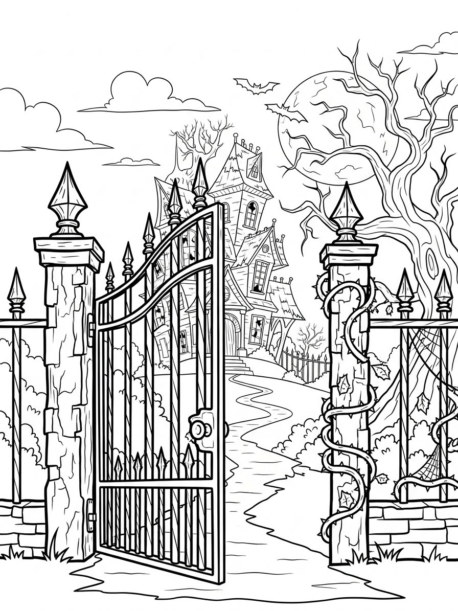 Desenho de Casa Assombrada com portão e árvore para colorir