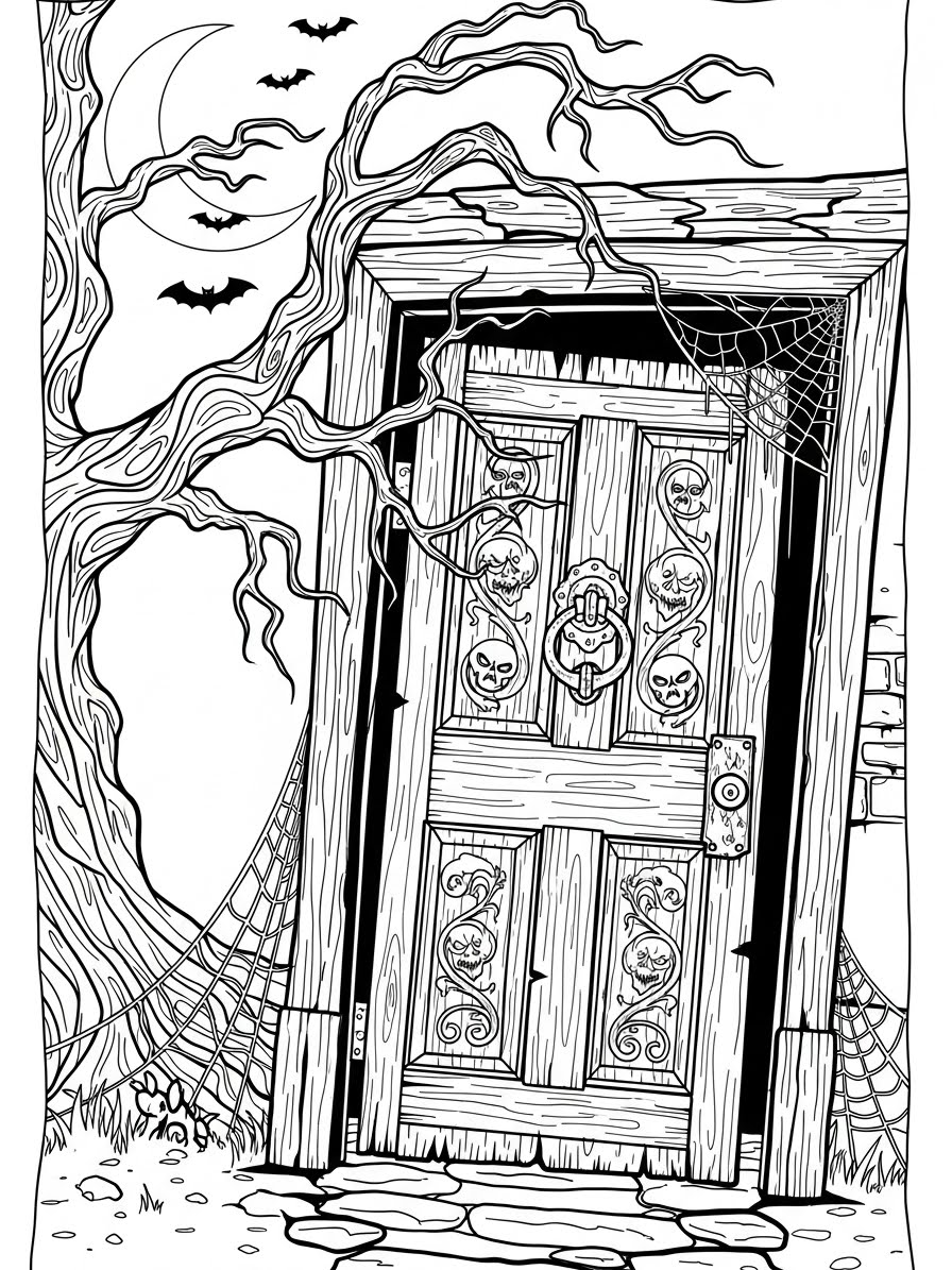 Desenho de Casa Assombrada com porta e teias para colorir