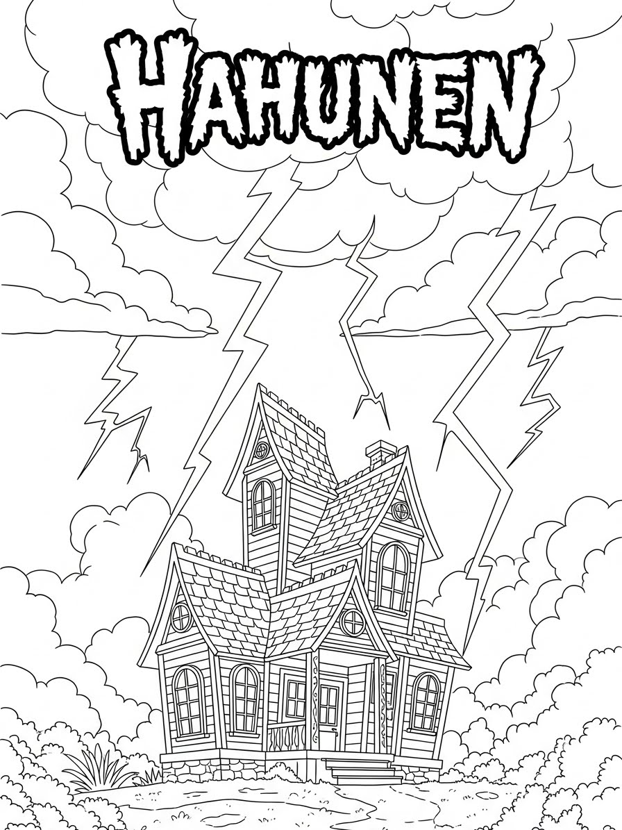 Desenho de Casa Assombrada com raios para colorir