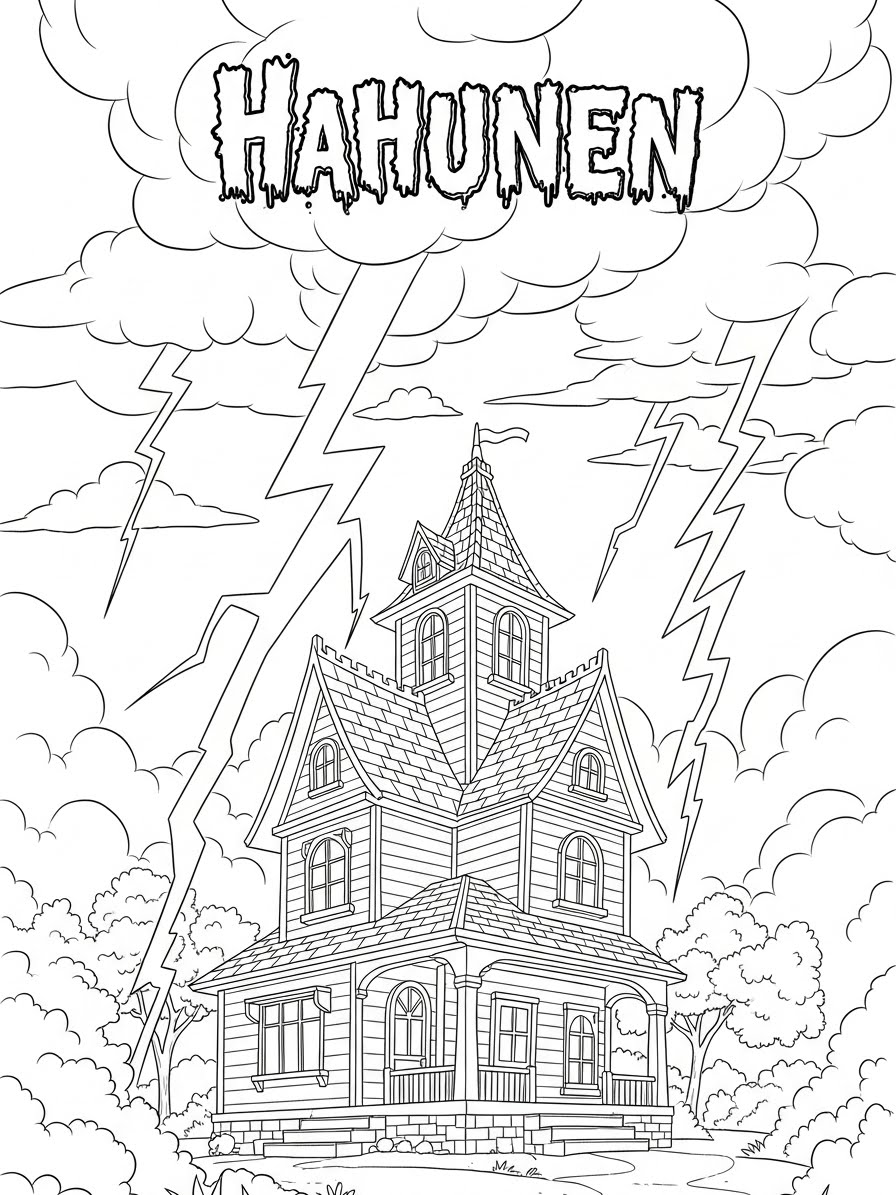 Desenho de Casa Assombrada com nuvens e raios para colorir