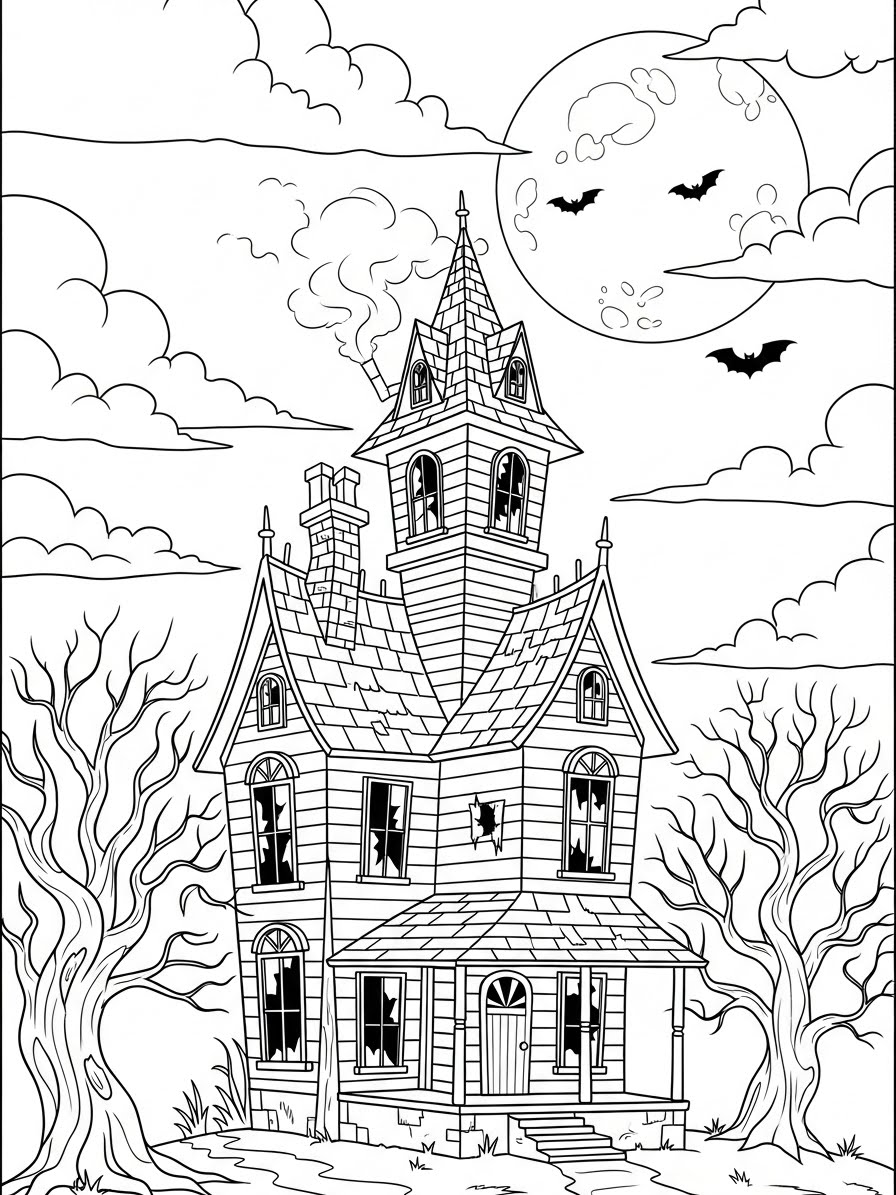 Desenho de Casa Assombrada detalhada para colorir