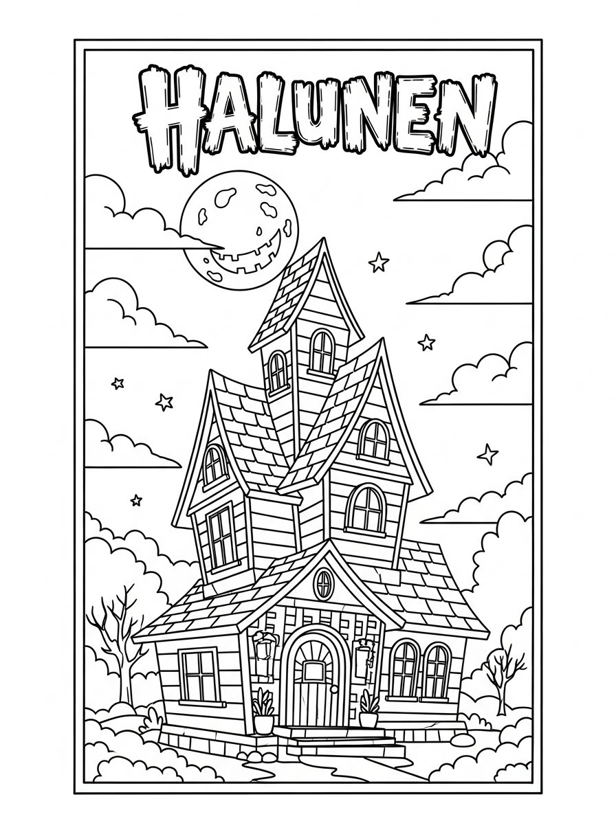 Desenho de Casa Assombrada com torres e lua para colorir