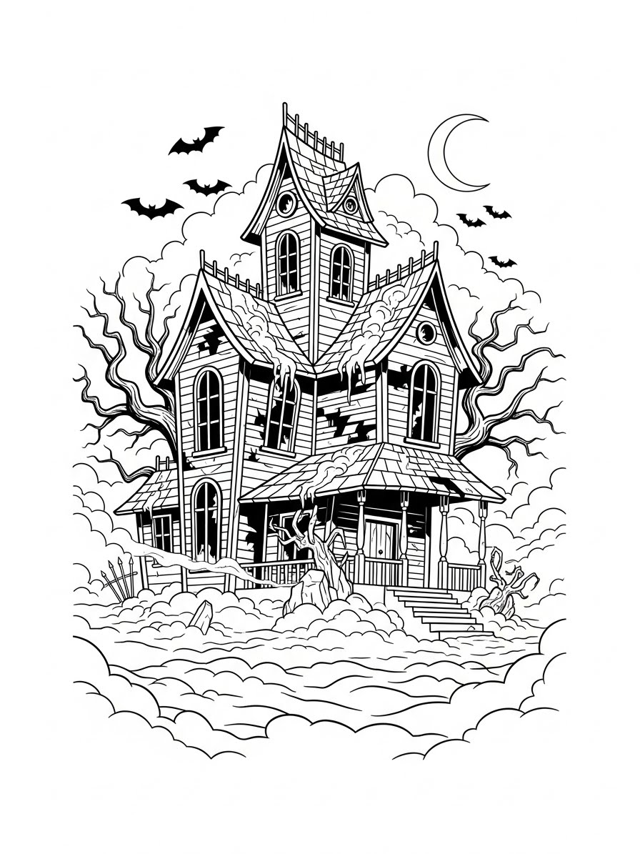 Desenho de Casa Assombrada em estilo vintage para colorir