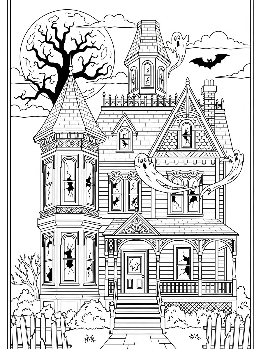 Desenho de Casa Assombrada com fantasmas para colorir
