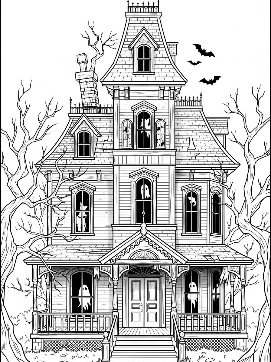 Desenho de Casa Assombrada com fantasmas para colorir