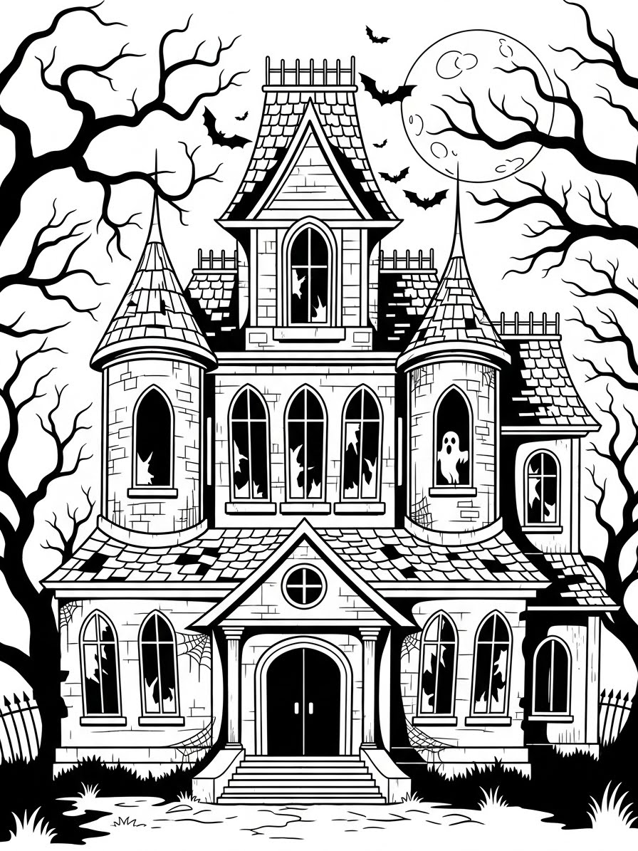 Desenho de Casa Assombrada com árvores secas para colorir