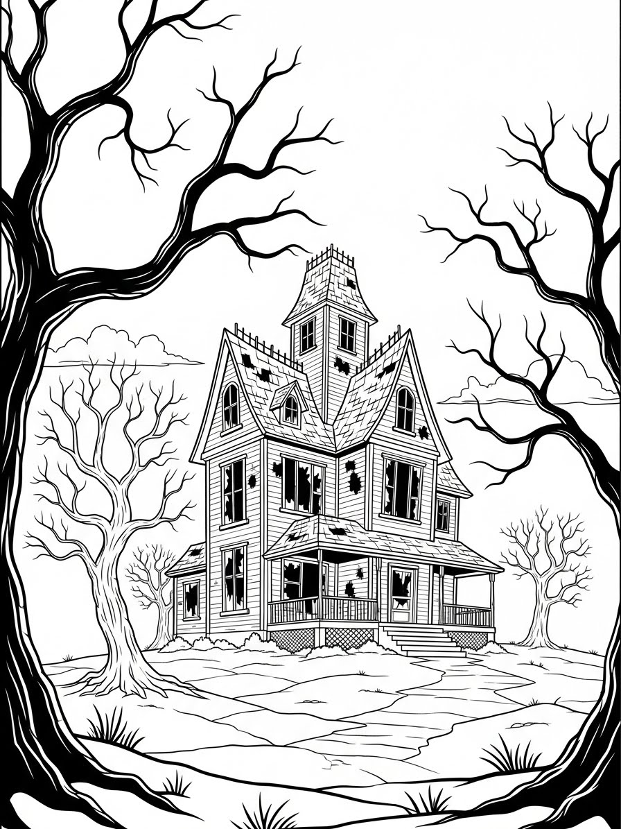 Desenho de Casa Assombrada com árvores secas para colorir