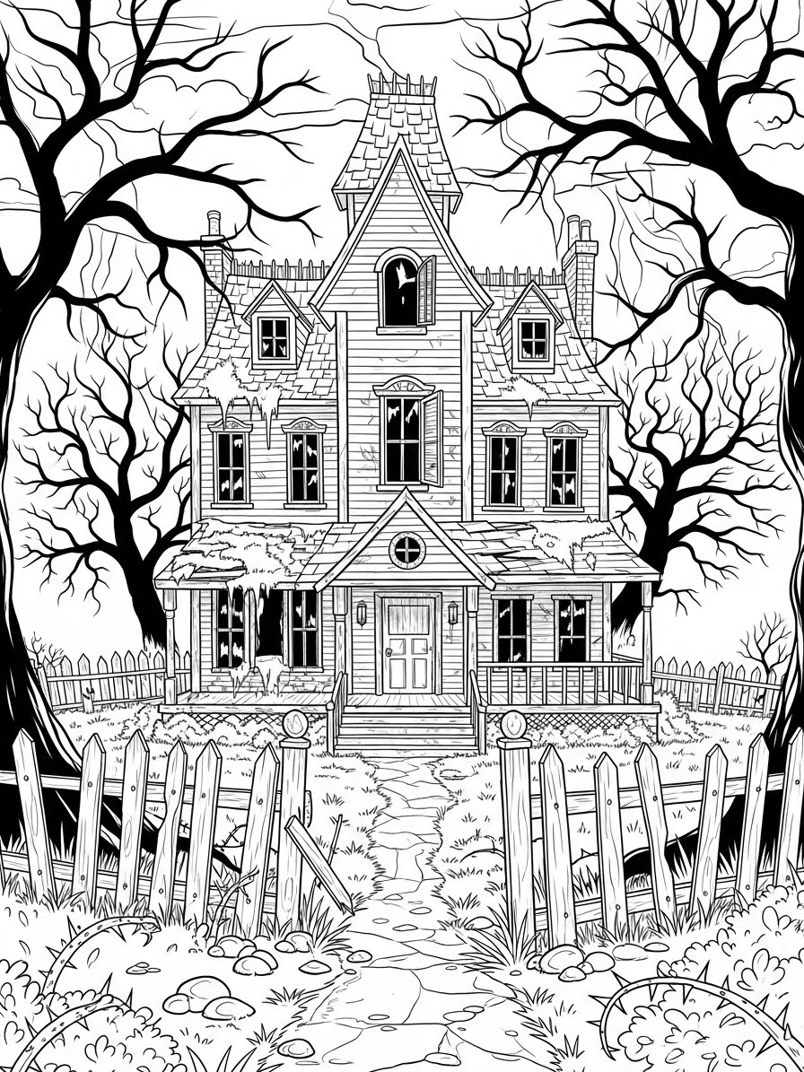 Desenho de Casa Assombrada com detalhes para colorir