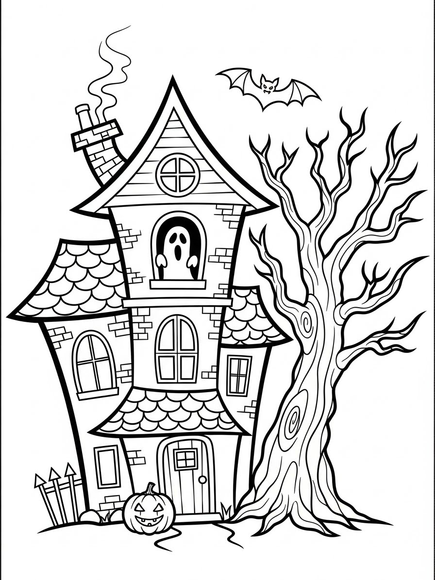Desenho de Casa Assombrada com árvore e abóbora para colorir