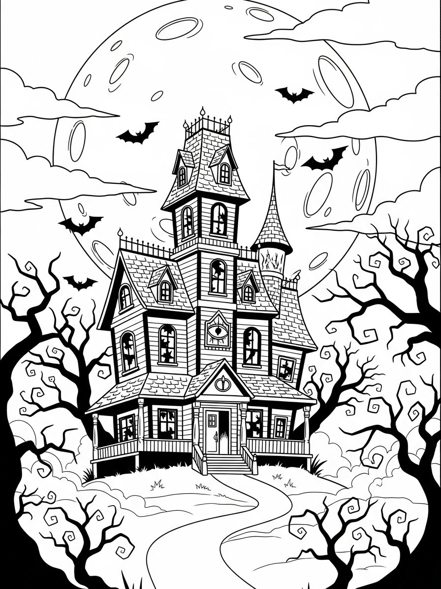 Desenho de Casa Assombrada com árvores para colorir
