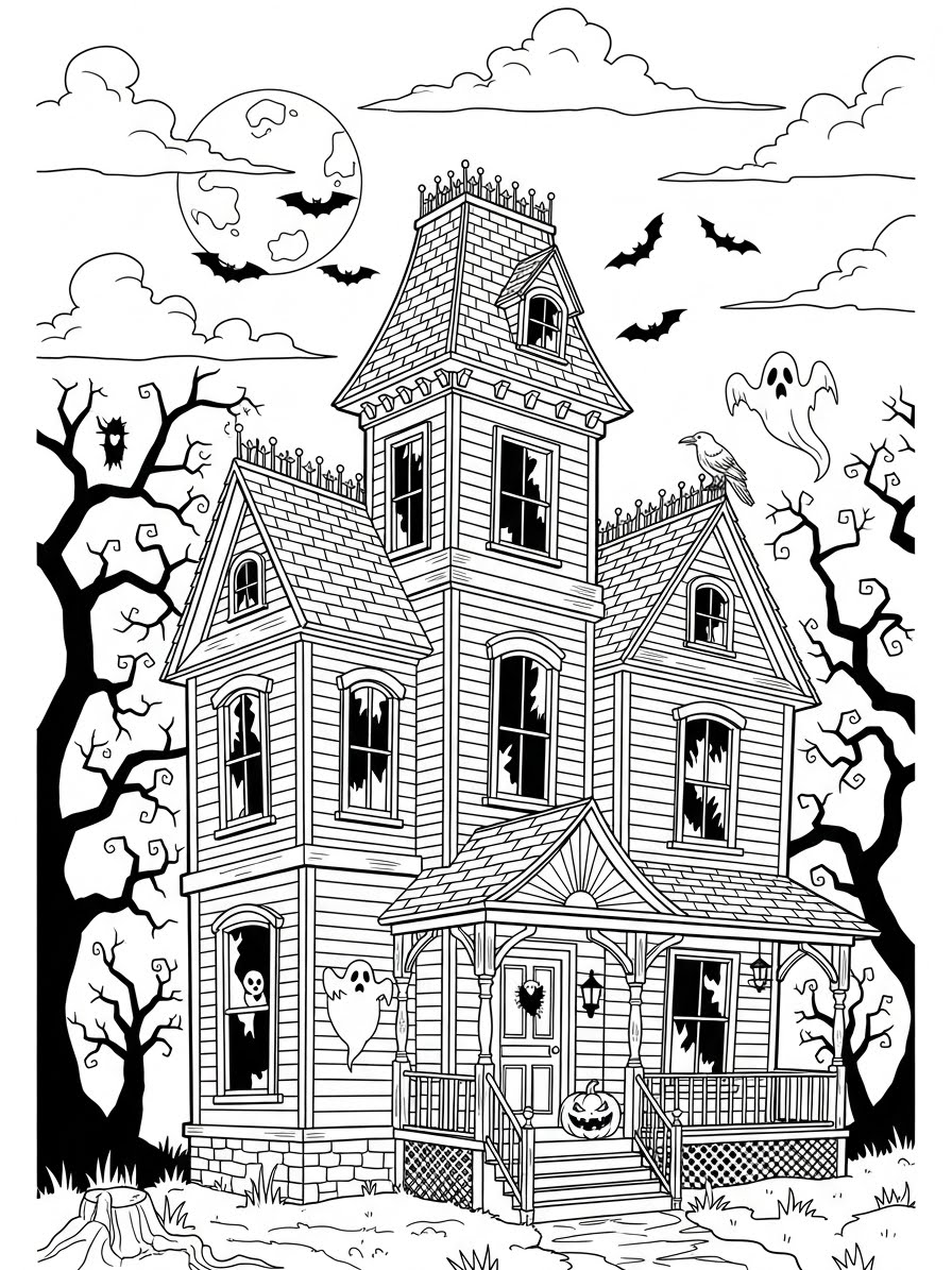 Desenho de Casa Assombrada com fantasmas e morcegos para colorir