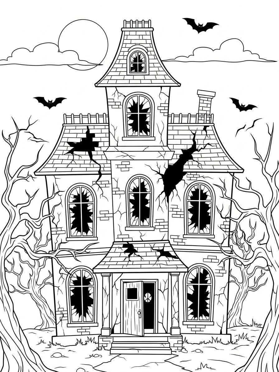 Desenho de Casa Assombrada com janelas quebradas para colorir